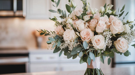 Wedding bouquet of roses in a vase on the tableの写真素材