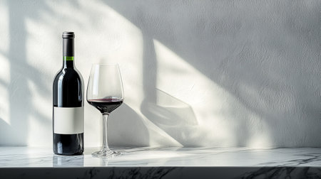Glass of red wine and bottle on white marble table in sunlight.の写真素材