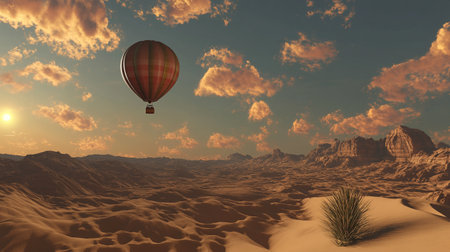 Hot air balloon flying over the desert. 3d render illustration.の写真素材