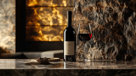Bottle of red wine and glassle table in restaurant.