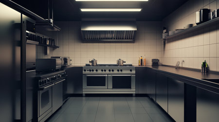3d rendering of modern kitchen in a loft style with black tilesの写真素材