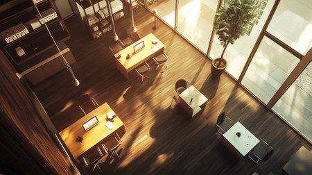 Top view of office interior with wooden floor, panoramic windows and city view. 3D Renderingの写真素材