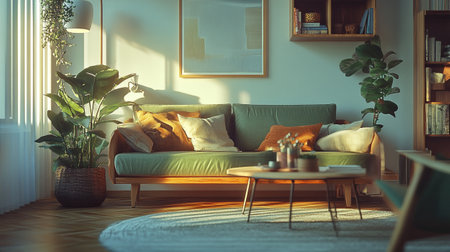 Living room interior with green sofa, coffee table and plants. 3d renderの写真素材