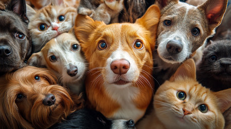 Group of cats and dogs in a row, close-up.の写真素材