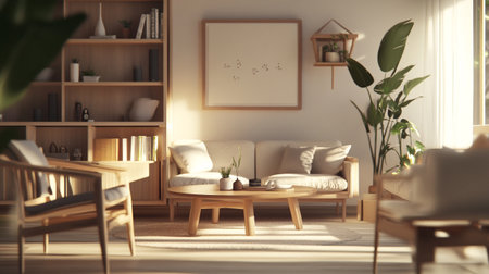 Living room interior with furniture, bookshelf and plants. 3d rendering