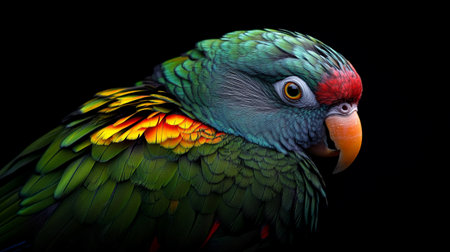 Colorful parrot isolated on black background, close-up.