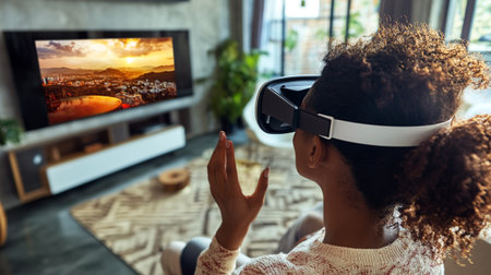Young african american woman using virtual reality headset while sitting on floor in living room at...