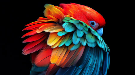 Colorful macaw parrot isolated on black background, close upの写真素材