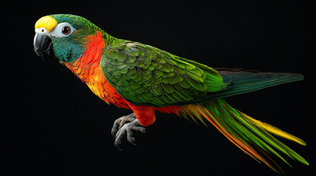 Beautiful colorful parrot isolated on black background, close-up