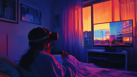 Young woman using virtual reality headset while sitting in bed at night.