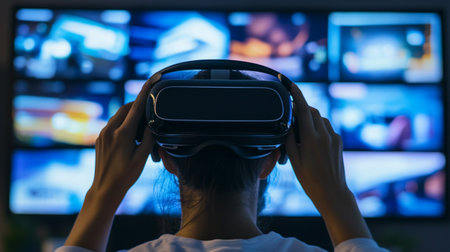 Woman wearing virtual reality goggles in front of a tv screen at homeの写真素材