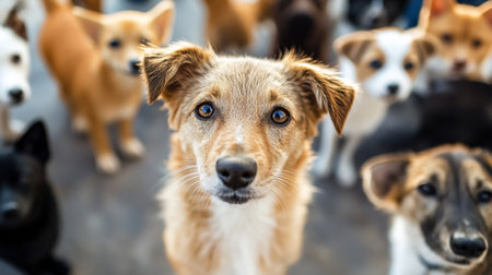 Cute dogs on the street. Selective focus. Shallow depth of field.