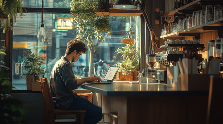 Young man working on a laptop in a cafe. Freelance concept.の写真素材