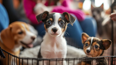 Jack Russell Terrier puppy in a cage. Selective focus.の写真素材
