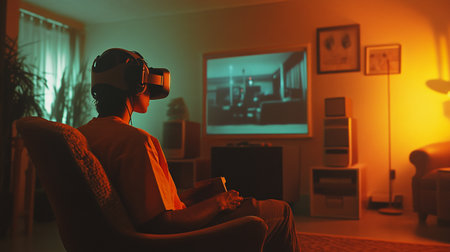 Young man playing video games with virtual reality goggles in the living room at home