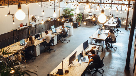Group of young business people working and communicating together in creative office.