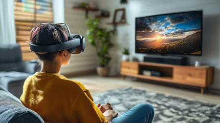Rear view of young woman wearing virtual reality headset while sitting on sofa at home