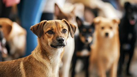 Group of dogs in a pet shop. Selective focus on dogの写真素材
