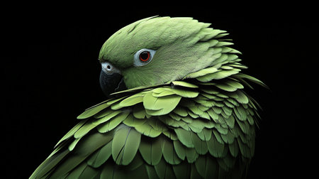 Beautiful green parrot isolated on black background, close-upの写真素材