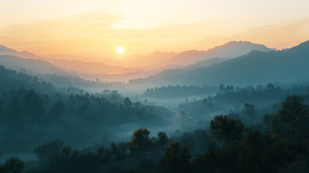 Sunrise over the misty mountains in the morning, Thailand.の写真素材