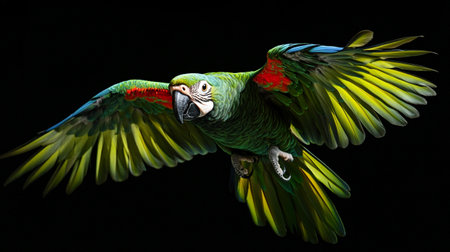 Beautiful colorful macaw parrot in flight isolated on black backgroundの写真素材