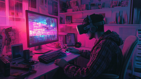 Cyberpunk gamer playing games on his computer with a VR headset
