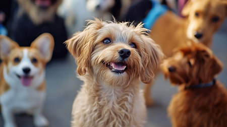 Close up of a group of dogs playing in the park. Selective focus.の写真素材