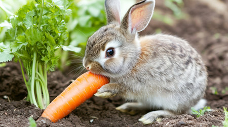 Cute little rabbit with carrot in the garden on a spring dayの写真素材