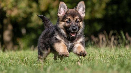 German Shepherd puppy running in the grass on a sunny summer day.の写真素材