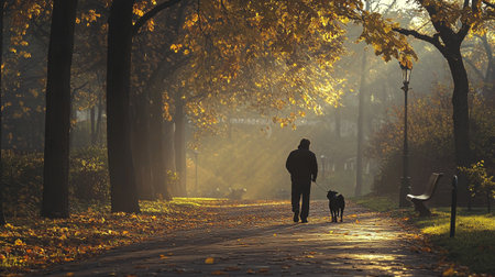Man walking with a dog in the autumn park. Foggy morning
