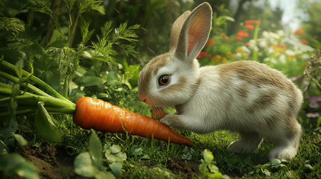 Rabbit and carrot in the garden. Easter background. Spring.