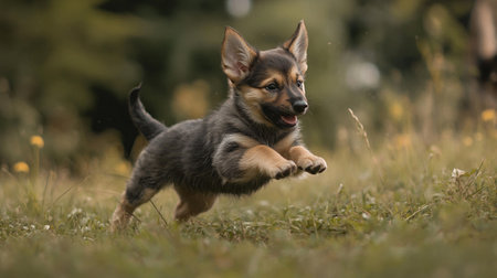 German Shepherd puppy running in the grass. Shallow depth of field.の写真素材