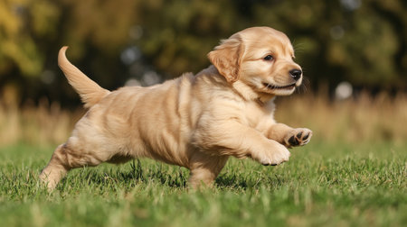 Golden Retriever puppy running in the grass on a sunny day.の写真素材