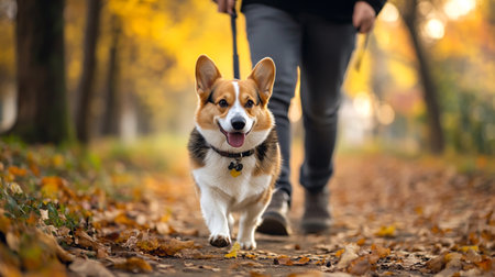 Welsh Corgi dog walking in autumn park with owner.の写真素材
