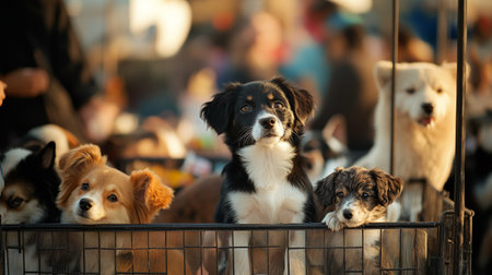 Group of dogs in a cage at a flea market. Selective focus.