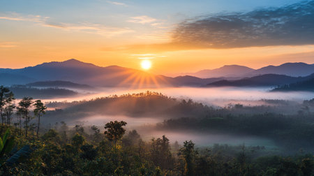 Beautiful sunrise in the morning with fog and mountain background,Thailand