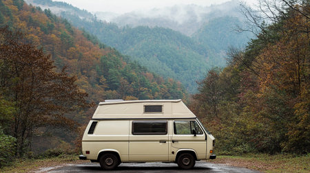 White camper van on the road in autumn forest. Caravan car travel concept.の写真素材