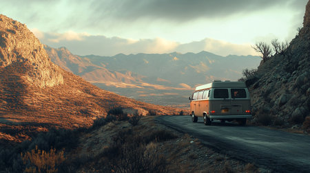 Camper van on the road in mountains at sunset. 3d rendering