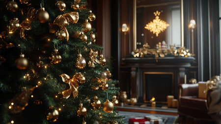 Beautiful Christmas tree with golden baubles in room, closeupの写真素材