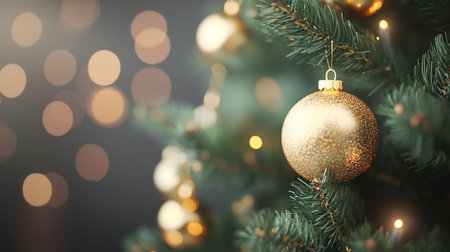 Christmas tree with golden bauble on blurred lights background, closeupの写真素材