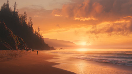 Beautiful sunset on the beach in the Pacific Ocean, New Zealandの写真素材