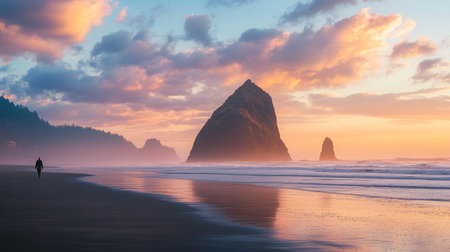 Beautiful sunset at the beach of the Pacific Ocean in Oregon.の写真素材