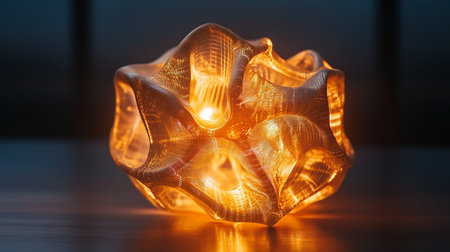 Close-up of decorative glass candle on a wooden table in the darkの写真素材