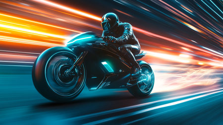 Motorcycle rider on a race track with motion blur background. 3d renderingの写真素材