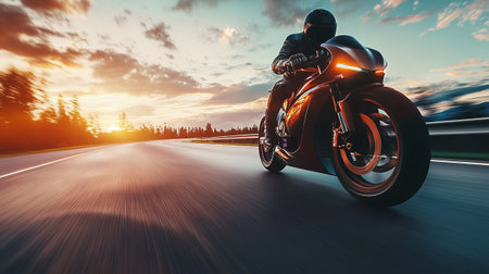 Motorcycle rides on the highway at sunset. Concept of sport and active lifestyle.の写真素材