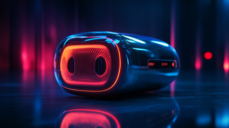 3d rendering of a stereo speaker on a dark background with neon lightsの写真素材