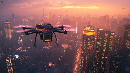 Drone flying over the city at sunset, 3d illustration.の写真素材