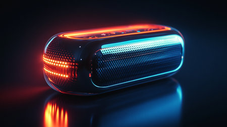 Audio speaker on a black background. 3d rendering. Neon lights.の写真素材