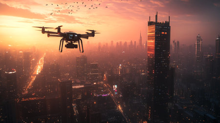 Drone flying over the city. 3d rendering double exposure image