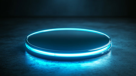 Neon circle podium illuminated with blue light. 3D Renderingの写真素材